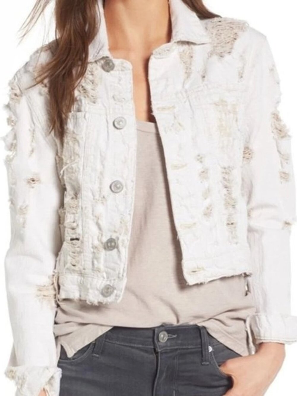 Hudson Distressed Cream White Denim Jacket – Frayed Cotton/Linen Trucker Jacket